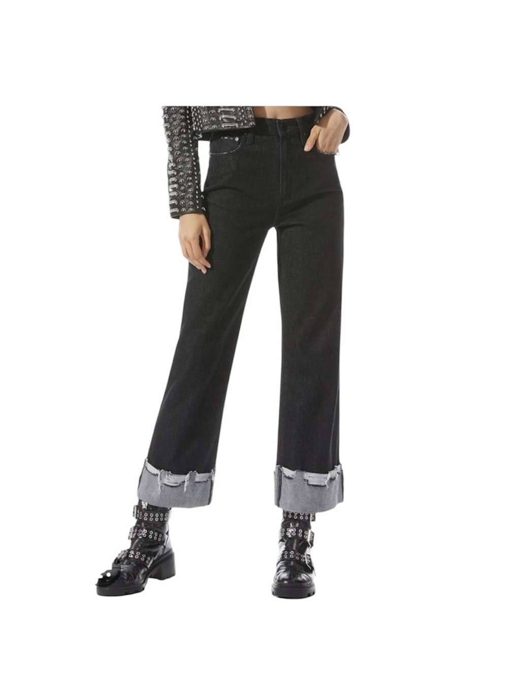 Alice & Olivia black wash high rise wide leg cuff raw hem denim jeans size 30